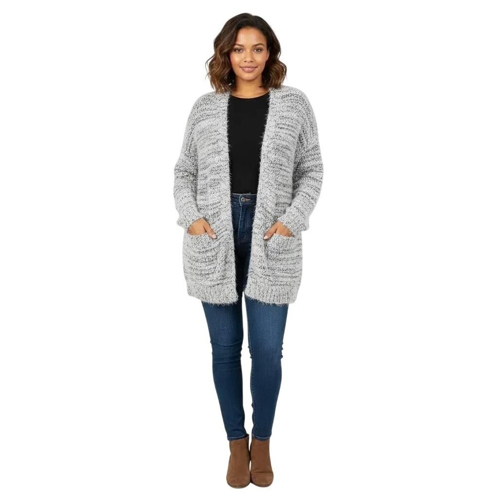 Peyton Primrose Women's Gray/White Soft Fuzzy Eyelash Cardigan Plus Size 2X, NWT